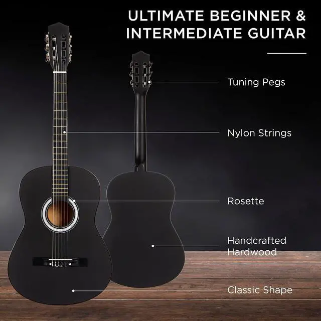 Alt view image 4 of 7 - 38in Beginner All Wood Acoustic Guitar Starter Kit w/Gig Bag, 6 Picks, Nylon Strings, Strap w/Pick Holder - Matte Black