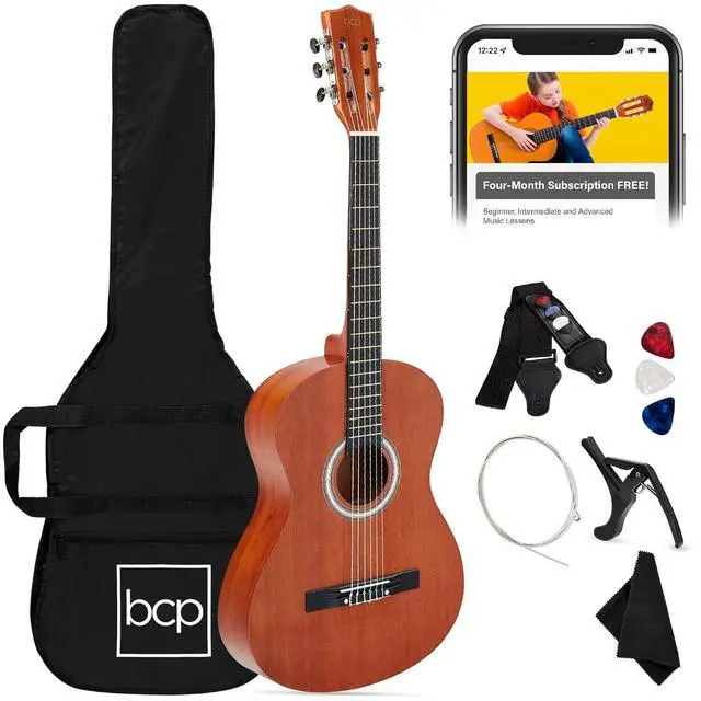 Main image of 38in Beginner All Wood Acoustic Guitar Starter Kit w/Gig Bag, 6 Picks, Nylon Strings, Strap w/Pick Holder - Natural Mahogany
