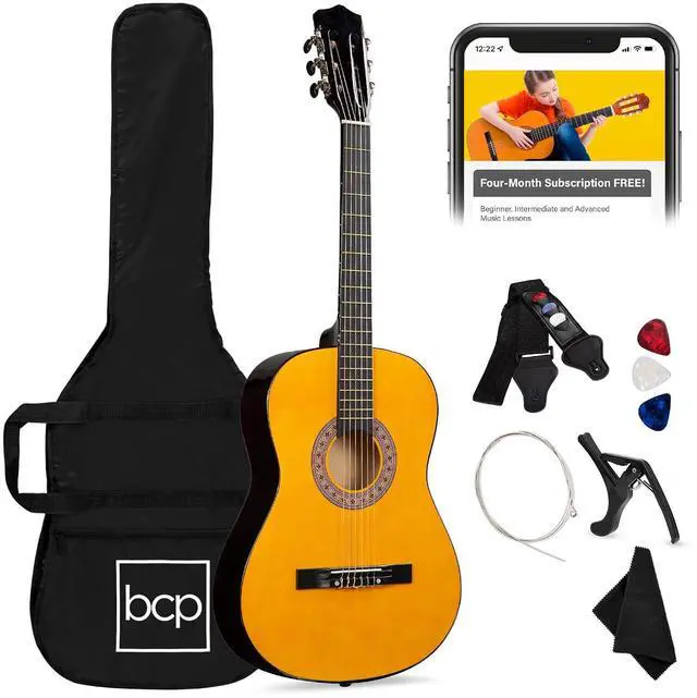 Main image of 38in Beginner All Wood Acoustic Guitar Starter Kit w/Gig Bag, 6 Picks, Nylon Strings, Strap w/Pick Holder - Natural