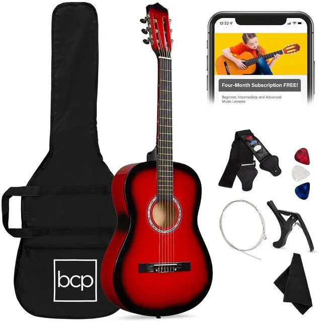 Main image of 38in Beginner All Wood Acoustic Guitar Starter Kit w/Gig Bag, 6 Picks, Nylon Strings, Strap w/Pick Holder - Red Burst