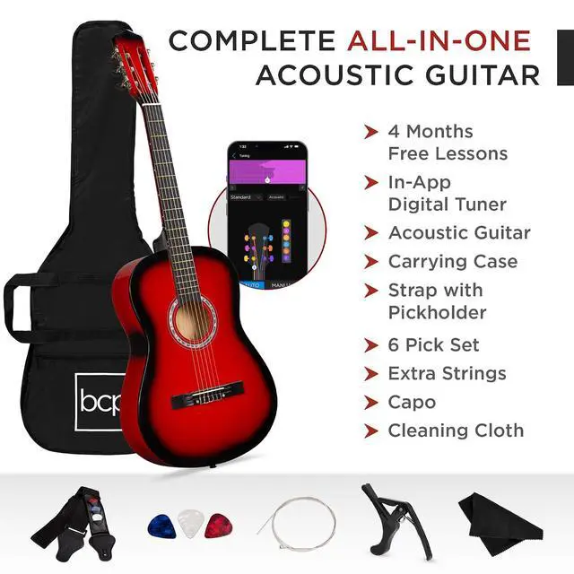 Alt view image 3 of 7 - 38in Beginner All Wood Acoustic Guitar Starter Kit w/Gig Bag, 6 Picks, Nylon Strings, Strap w/Pick Holder - Red Burst