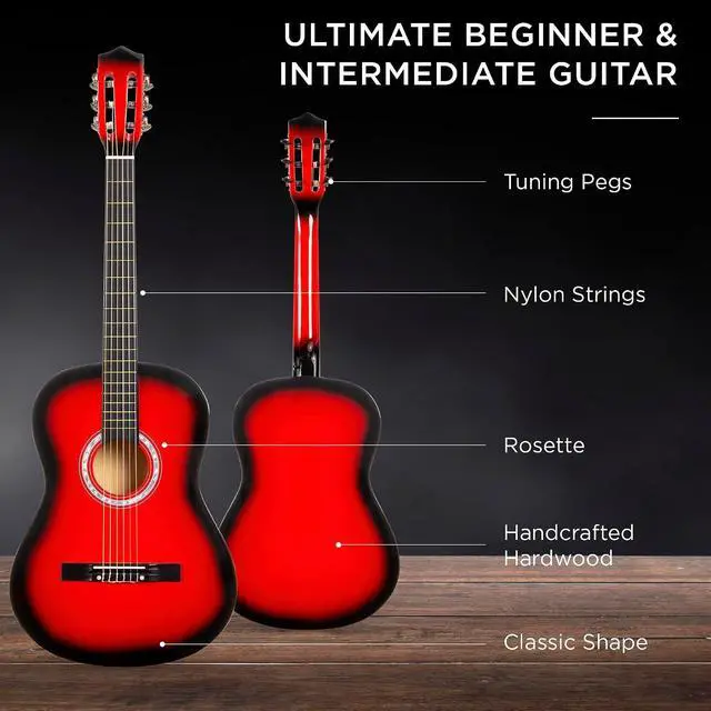 Alt view image 4 of 7 - 38in Beginner All Wood Acoustic Guitar Starter Kit w/Gig Bag, 6 Picks, Nylon Strings, Strap w/Pick Holder - Red Burst