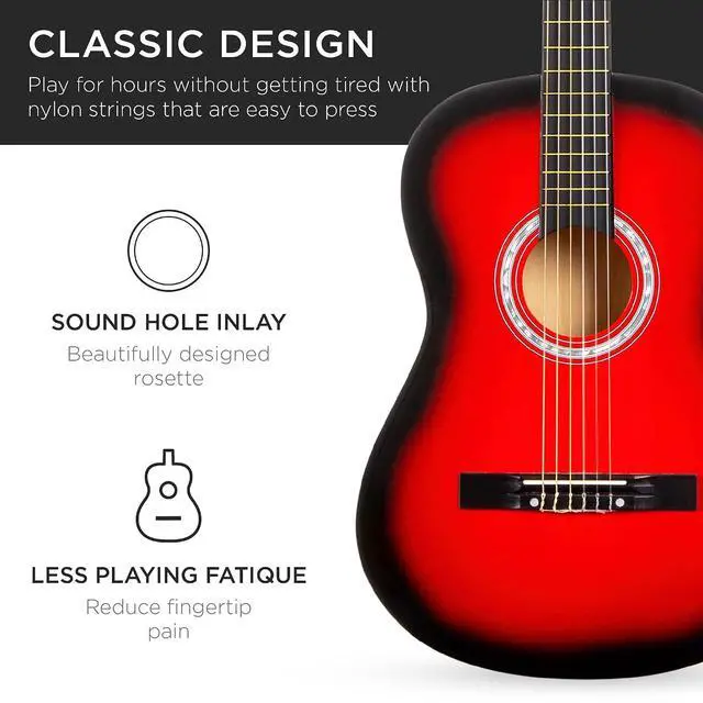 Alt view image 6 of 7 - 38in Beginner All Wood Acoustic Guitar Starter Kit w/Gig Bag, 6 Picks, Nylon Strings, Strap w/Pick Holder - Red Burst