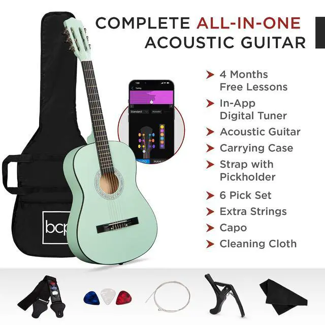 Alt view image 3 of 7 - 38in Beginner All Wood Acoustic Guitar Starter Kit w/Gig Bag, 6 Picks, Nylon Strings, Strap w/Pick Holder - SoCal Green