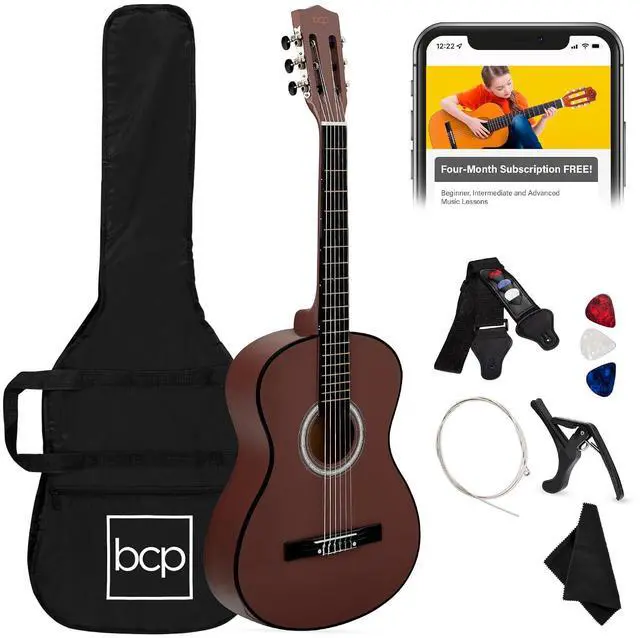 Main image of 38in Beginner All Wood Acoustic Guitar Starter Kit w/Gig Bag, 6 Picks, Nylon Strings, Strap w/Pick Holder - Dark Brown