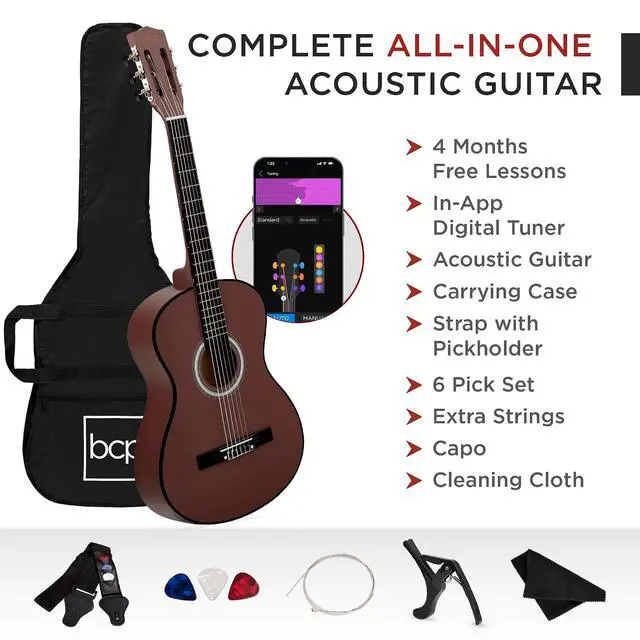 Alt view image 3 of 7 - 38in Beginner All Wood Acoustic Guitar Starter Kit w/Gig Bag, 6 Picks, Nylon Strings, Strap w/Pick Holder - Dark Brown