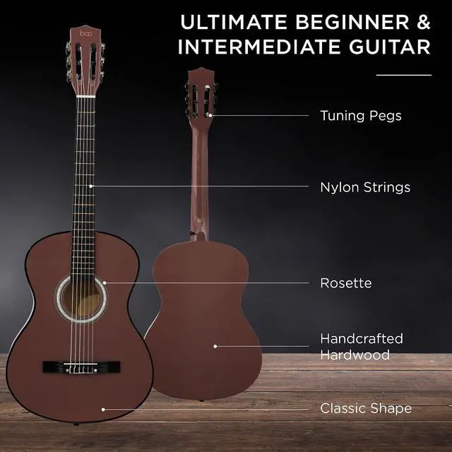 Alt view image 4 of 7 - 38in Beginner All Wood Acoustic Guitar Starter Kit w/Gig Bag, 6 Picks, Nylon Strings, Strap w/Pick Holder - Dark Brown