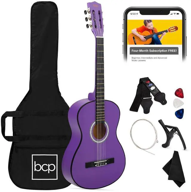 Main image of 38in Beginner All Wood Acoustic Guitar Starter Kit w/Gig Bag, 6 Picks, Nylon Strings, Strap w/Pick Holder - Purple