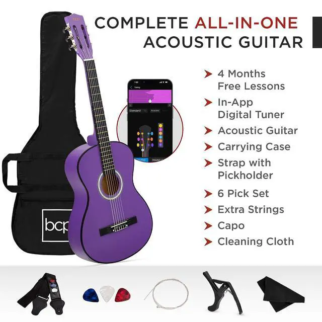 Alt view image 3 of 7 - 38in Beginner All Wood Acoustic Guitar Starter Kit w/Gig Bag, 6 Picks, Nylon Strings, Strap w/Pick Holder - Purple