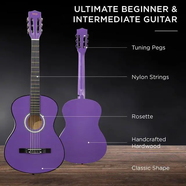Alt view image 4 of 7 - 38in Beginner All Wood Acoustic Guitar Starter Kit w/Gig Bag, 6 Picks, Nylon Strings, Strap w/Pick Holder - Purple