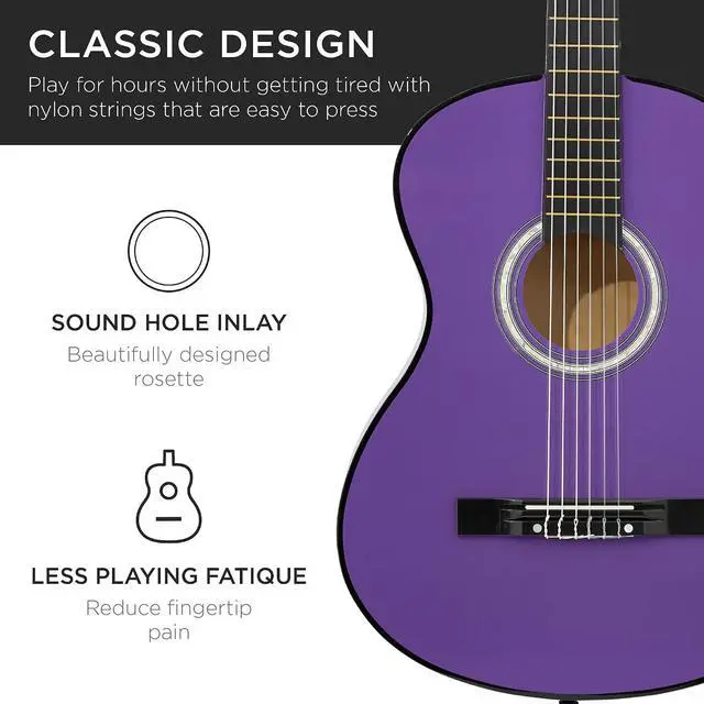 Alt view image 6 of 7 - 38in Beginner All Wood Acoustic Guitar Starter Kit w/Gig Bag, 6 Picks, Nylon Strings, Strap w/Pick Holder - Purple