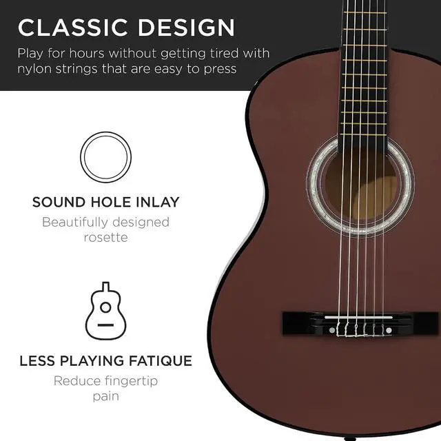 Alt view image 6 of 7 - 38in Beginner All Wood Acoustic Guitar Starter Kit w/Gig Bag, 6 Picks, Nylon Strings, Strap w/Pick Holder - Dark Brown