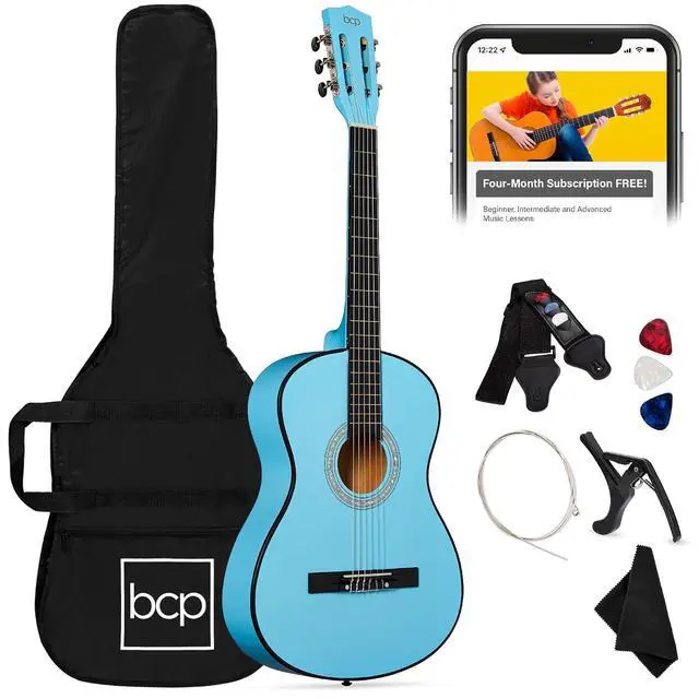 Main image of 38in Beginner All Wood Acoustic Guitar Starter Kit w/Gig Bag, 6 Picks, Nylon Strings, Strap w/Pick Holder - Light Blue