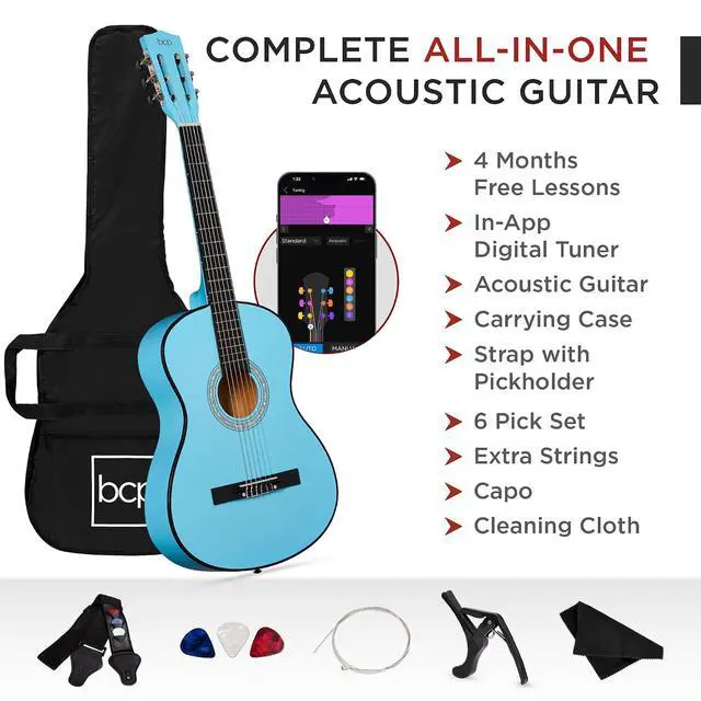 Alt view image 3 of 7 - 38in Beginner All Wood Acoustic Guitar Starter Kit w/Gig Bag, 6 Picks, Nylon Strings, Strap w/Pick Holder - Light Blue