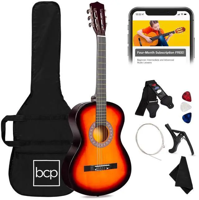 Main image of 38in Beginner All Wood Acoustic Guitar Starter Kit w/Gig Bag, 6 Picks, Nylon Strings, Strap w/Pick Holder - Sunburst