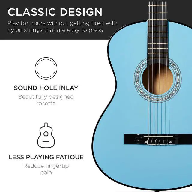 Alt view image 6 of 7 - 38in Beginner All Wood Acoustic Guitar Starter Kit w/Gig Bag, 6 Picks, Nylon Strings, Strap w/Pick Holder - Light Blue