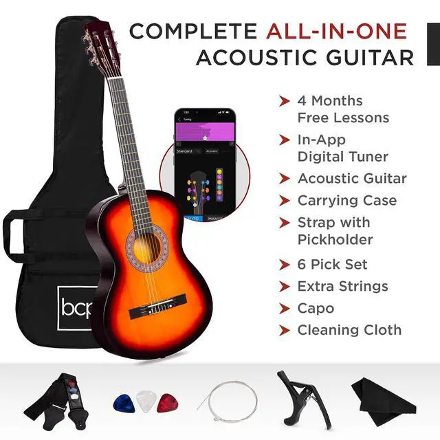 Alt view image 3 of 7 - 38in Beginner All Wood Acoustic Guitar Starter Kit w/Gig Bag, 6 Picks, Nylon Strings, Strap w/Pick Holder - Sunburst