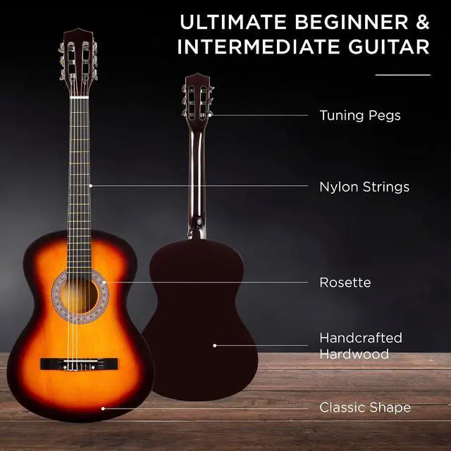 Alt view image 4 of 7 - 38in Beginner All Wood Acoustic Guitar Starter Kit w/Gig Bag, 6 Picks, Nylon Strings, Strap w/Pick Holder - Sunburst