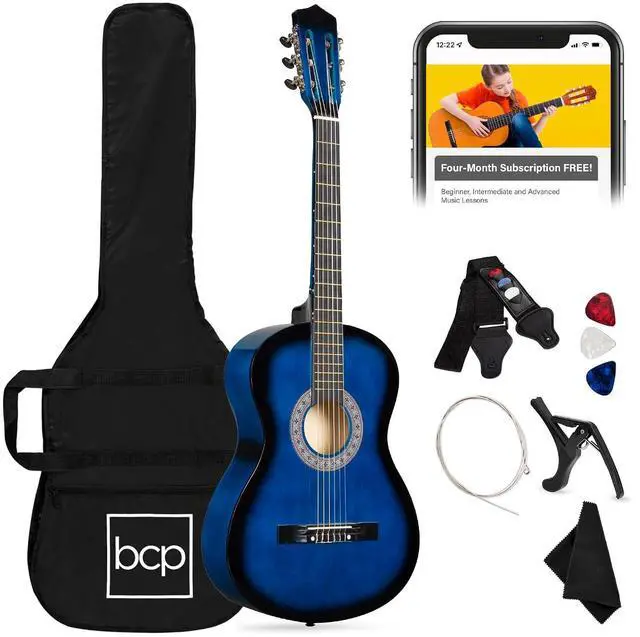Main image of 38in Beginner All Wood Acoustic Guitar Starter Kit w/Gig Bag, 6 Picks, Nylon Strings, Strap w/Pick Holder - Blue