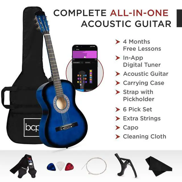 Alt view image 3 of 7 - 38in Beginner All Wood Acoustic Guitar Starter Kit w/Gig Bag, 6 Picks, Nylon Strings, Strap w/Pick Holder - Blue
