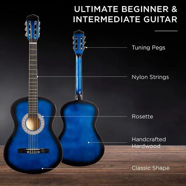Alt view image 4 of 7 - 38in Beginner All Wood Acoustic Guitar Starter Kit w/Gig Bag, 6 Picks, Nylon Strings, Strap w/Pick Holder - Blue