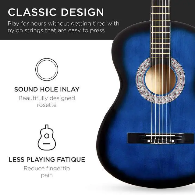 Alt view image 6 of 7 - 38in Beginner All Wood Acoustic Guitar Starter Kit w/Gig Bag, 6 Picks, Nylon Strings, Strap w/Pick Holder - Blue