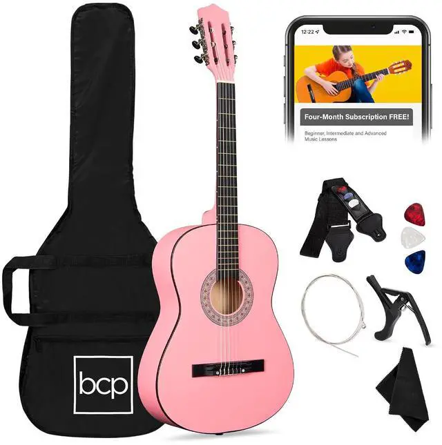 Main image of 38in Beginner All Wood Acoustic Guitar Starter Kit w/Gig Bag, 6 Picks, Nylon Strings, Strap w/Pick Holder - Pink