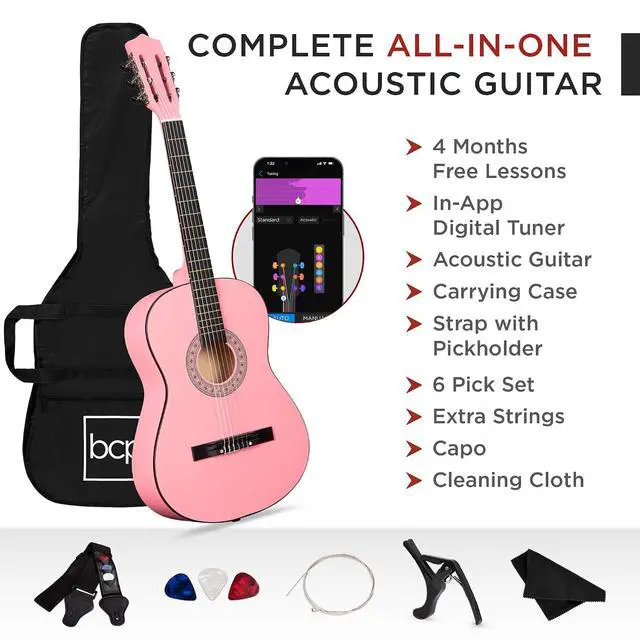Alt view image 3 of 7 - 38in Beginner All Wood Acoustic Guitar Starter Kit w/Gig Bag, 6 Picks, Nylon Strings, Strap w/Pick Holder - Pink