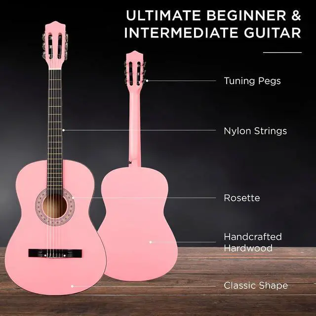 Alt view image 4 of 7 - 38in Beginner All Wood Acoustic Guitar Starter Kit w/Gig Bag, 6 Picks, Nylon Strings, Strap w/Pick Holder - Pink