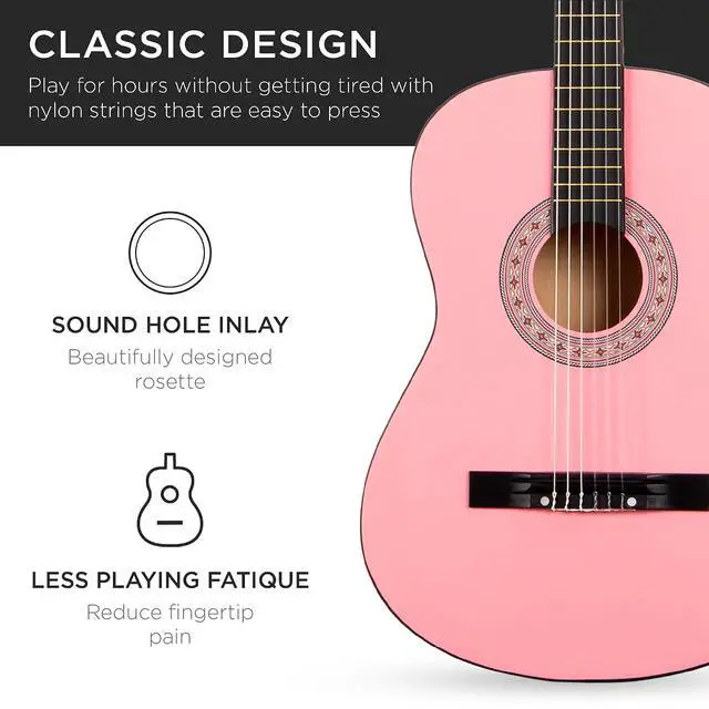 Alt view image 6 of 7 - 38in Beginner All Wood Acoustic Guitar Starter Kit w/Gig Bag, 6 Picks, Nylon Strings, Strap w/Pick Holder - Pink