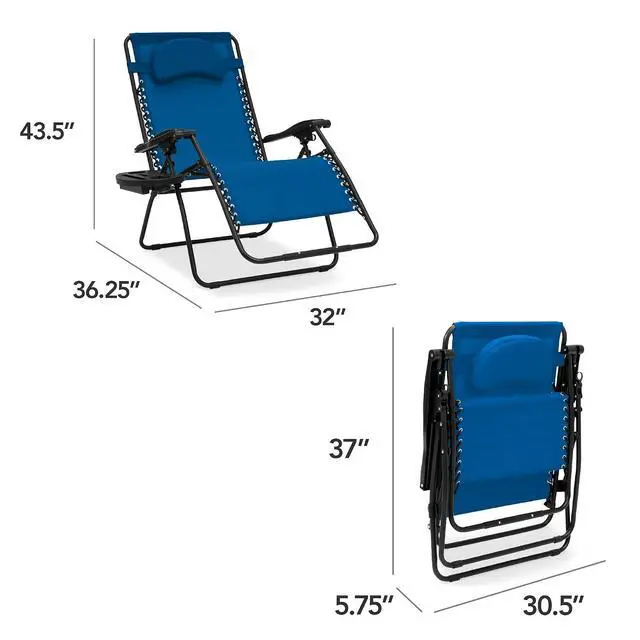 Alt view image 2 of 7 - Oversized Zero Gravity Chair, Folding Outdoor Patio Lounge Recliner w/Cup Holder Accessory Tray, Pillow - Marine Blue