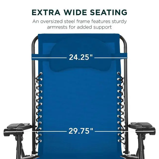 Alt view image 3 of 7 - Oversized Zero Gravity Chair, Folding Outdoor Patio Lounge Recliner w/Cup Holder Accessory Tray, Pillow - Marine Blue