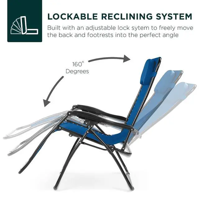 Alt view image 4 of 7 - Oversized Zero Gravity Chair, Folding Outdoor Patio Lounge Recliner w/Cup Holder Accessory Tray, Pillow - Marine Blue