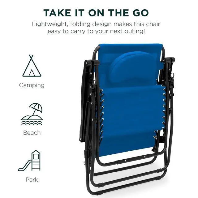 Alt view image 7 of 7 - Oversized Zero Gravity Chair, Folding Outdoor Patio Lounge Recliner w/Cup Holder Accessory Tray, Pillow - Marine Blue