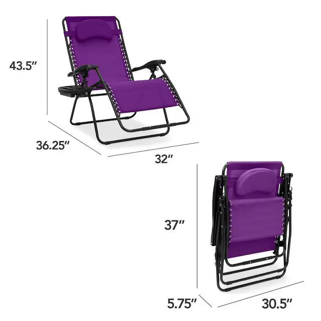 Alt view image 2 of 7 - Oversized Zero Gravity Chair, Folding Outdoor Patio Lounge Recliner w/Cup Holder Accessory Tray, Pillow - Amethyst Purple