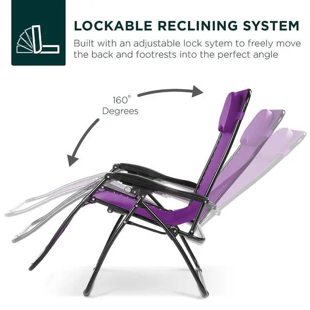 Alt view image 4 of 7 - Oversized Zero Gravity Chair, Folding Outdoor Patio Lounge Recliner w/Cup Holder Accessory Tray, Pillow - Amethyst Purple