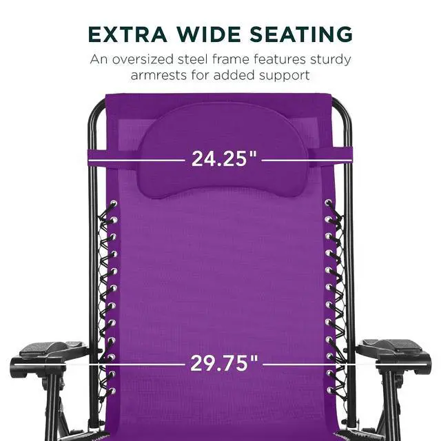 Alt view image 3 of 7 - Oversized Zero Gravity Chair, Folding Outdoor Patio Lounge Recliner w/Cup Holder Accessory Tray, Pillow - Amethyst Purple