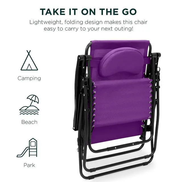 Alt view image 7 of 7 - Oversized Zero Gravity Chair, Folding Outdoor Patio Lounge Recliner w/Cup Holder Accessory Tray, Pillow - Amethyst Purple