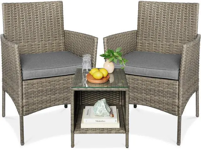 Main image of 3-Piece Outdoor Wicker Conversation Bistro Set, Space Saving Patio Furniture for Garden w/Side Table - Taupe/Cement Gray