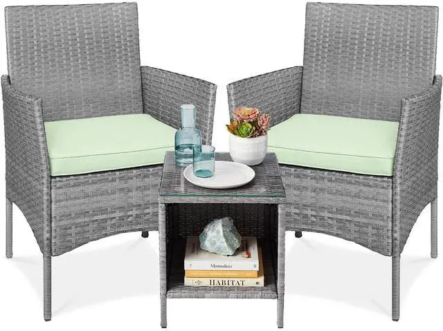 Main image of 3-Piece Outdoor Wicker Conversation Bistro Set, Space Saving Patio Furniture for Garden w/Side Table - Gray/Light Mint