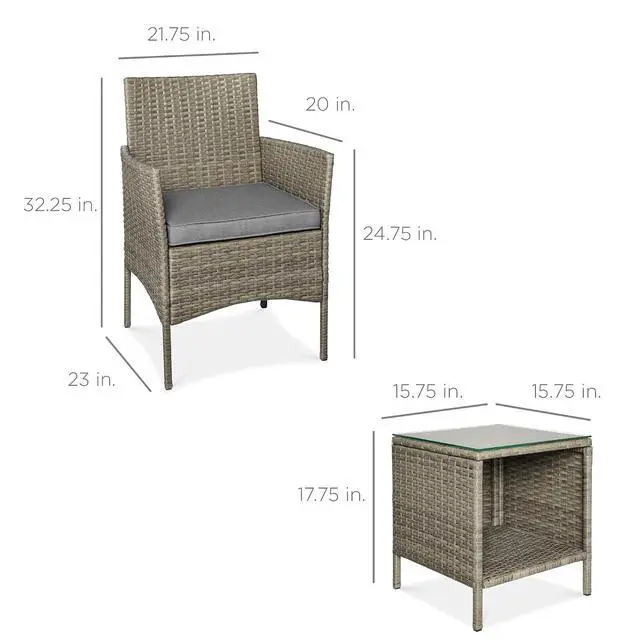Alt view image 7 of 7 - 3-Piece Outdoor Wicker Conversation Bistro Set, Space Saving Patio Furniture for Garden w/Side Table - Taupe/Cement Gray