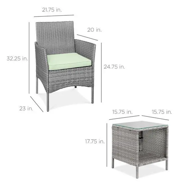 Alt view image 7 of 7 - 3-Piece Outdoor Wicker Conversation Bistro Set, Space Saving Patio Furniture for Garden w/Side Table - Gray/Light Mint