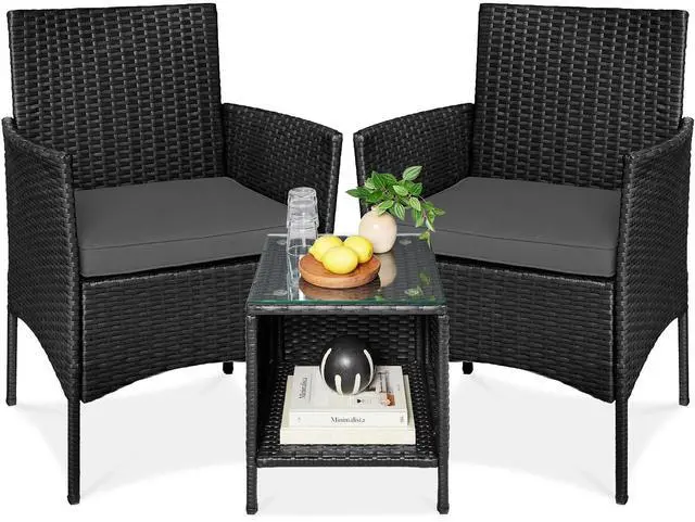 Main image of 3-Piece Outdoor Wicker Conversation Bistro Set, Space Saving Patio Furniture for Garden w/Side Table - Black/Gray