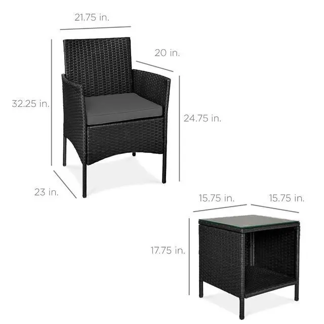 Alt view image 7 of 7 - 3-Piece Outdoor Wicker Conversation Bistro Set, Space Saving Patio Furniture for Garden w/Side Table - Black/Gray