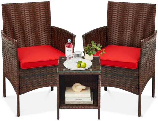 Main image of 3-Piece Outdoor Wicker Conversation Bistro Set, Space Saving Patio Furniture for Garden w/Side Table - Brown/Red
