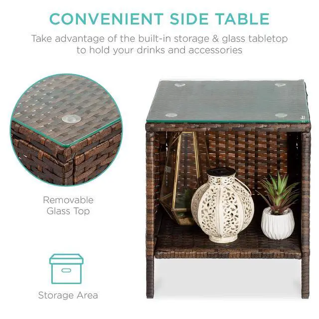 Alt view image 3 of 7 - 3-Piece Outdoor Wicker Conversation Bistro Set, Space Saving Patio Furniture for Garden w/Side Table - Brown/Red