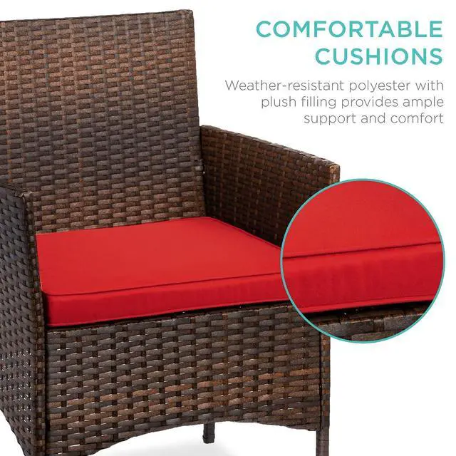 Alt view image 4 of 7 - 3-Piece Outdoor Wicker Conversation Bistro Set, Space Saving Patio Furniture for Garden w/Side Table - Brown/Red