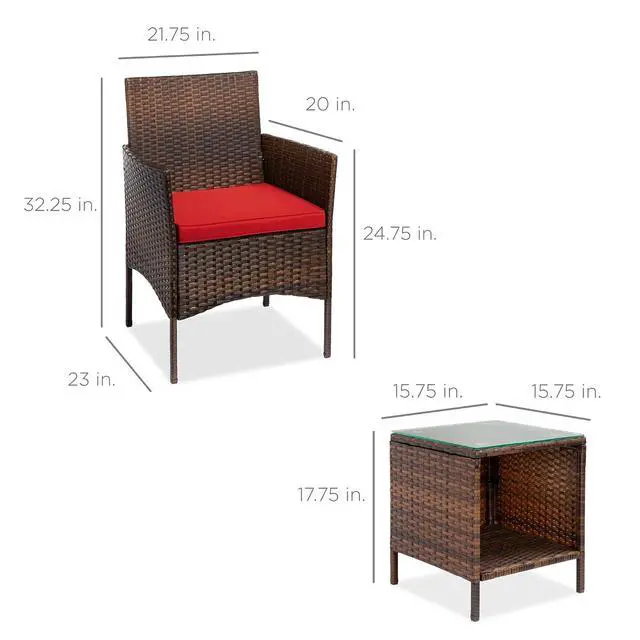 Alt view image 7 of 7 - 3-Piece Outdoor Wicker Conversation Bistro Set, Space Saving Patio Furniture for Garden w/Side Table - Brown/Red
