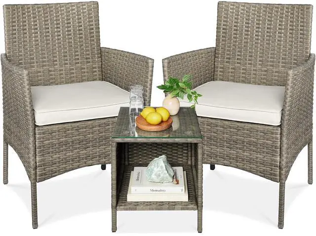 Main image of 3-Piece Outdoor Wicker Conversation Bistro Set, Space Saving Patio Furniture for Garden w/Side Table - Taupe/White Sand