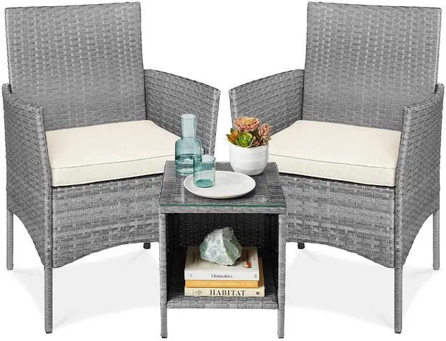Main image of 3-Piece Outdoor Wicker Conversation Bistro Set, Space Saving Patio Furniture for Garden w/Side Table - Gray/Cream